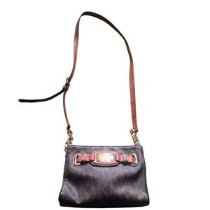 MICHAEL KORS Mini Brown Leather Signature Metal Logo Plate Crossbody Bag
